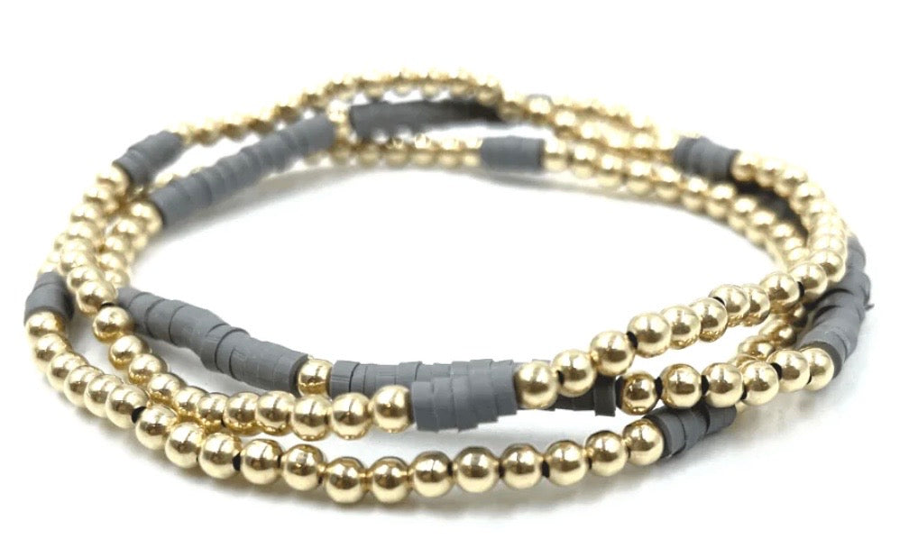 erin gray coastal bracelet 3 stack in gold and dark grays